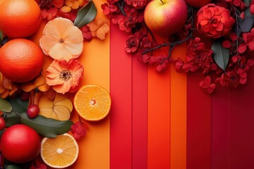 Colorful composition of citrus fruits, apple and flowers lying on a red and orange background