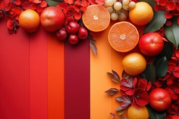 Fresh Fruit and Flowers Arranged on a Vibrant Red Background