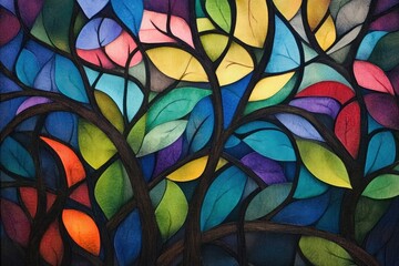 Colorful stained glass window depicting tree branches and leaves