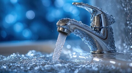Chrome faucet running water, bathroom sink, blue bokeh
