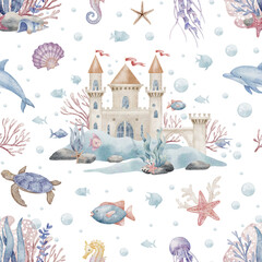 Obraz premium Seamless watercolor Pattern depicting a magical seabed with corals, seaweed, and marine animals. Illustration of background for childish wallpapers or baby nursery design. Ornament for kids linen.