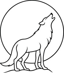 Wolf howling at the Moon line art illustration.