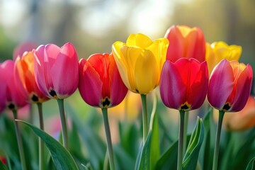 Obraz premium Colorful tulips blooming in spring sunlight