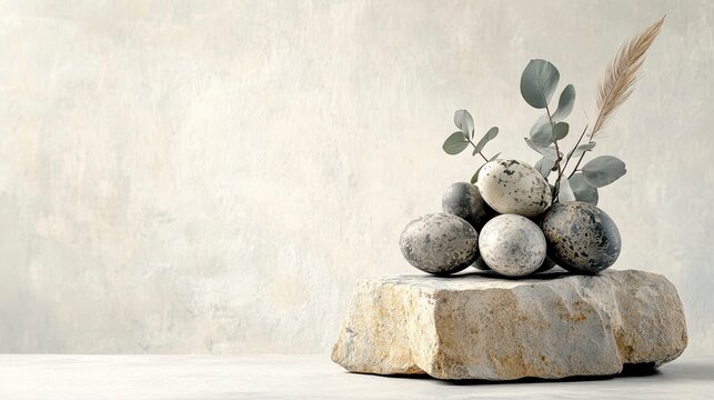 Speckled Eggs and Eucalyptus Sprigs on Beige Stone