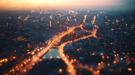 An aerial view of a city at sunset reveals a labyrinth of glowing streets and buildings, painted in warm tones of evening light.