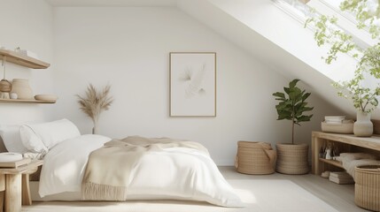Serene Bedroom Retreat: A cozy bedroom interior, bathed in natural light from a skylight, features a neutral color palette and a minimalist aesthetic. Featuring a bed, natural wood furniture.