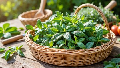 Naklejka premium Freshly harvested mint in wicker basket at garden table, herbal bounty