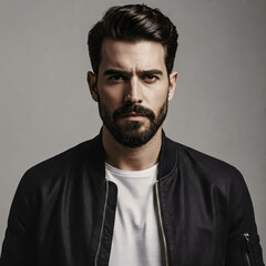 Obraz premium Intense Gaze: Portrait of a confident, handsome man with a full beard, gazing directly at the viewer, dressed in a fashionable jacket, capturing an air of modern masculinity.