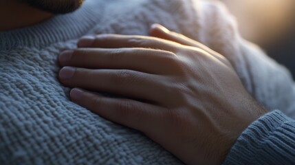 A hand gently rests on a warm, textured sweater, capturing a moment of calm comfort and human connection in soft ambient light.