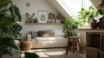 Fototapeta premium Serene indoor garden: an idyllic living space infused with the freshness of nature, featuring lush greenery and natural light