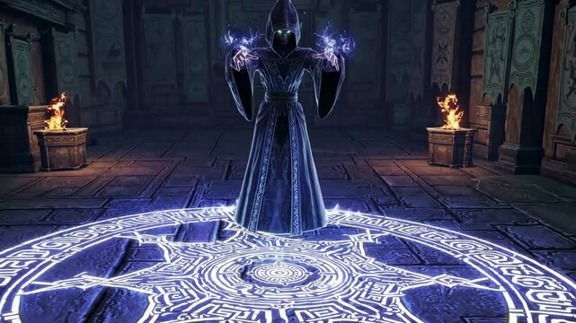 A Powerful Mage In A Dark Robe Conjuring A Glowing Magical Spell