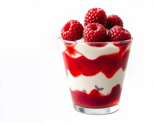 a beautiful glass of layers of raspberries and cream, angle of the photo from the side, white background