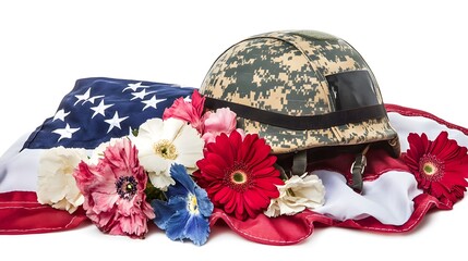 Military Helmet with American Flag and Colorful Flowers Arrangement
