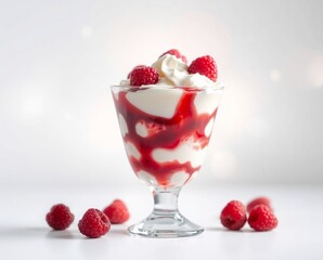 a beautiful glass of layers of raspberries and cream, angle of the photo from the side, white background