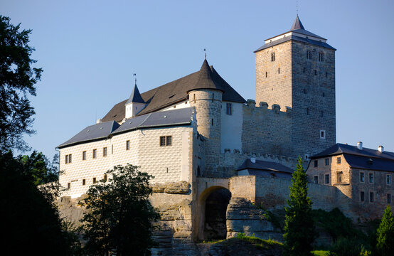 Kost, a Gothic castle lying in the nature region of Bohemian Paradise in the Czech Republic, Europe. A preserved gothic castle with trapezoidal tower in the evening light