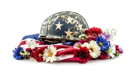 American Military Helmet Surrounded by Colorful Floral Arrangement