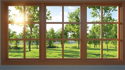 Wooden window frame, looking out at green fields and trees, sunny day