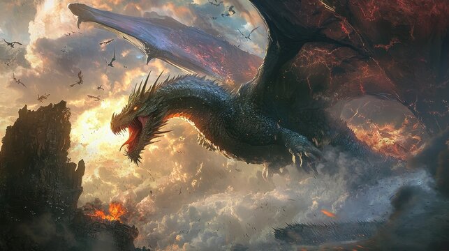 A basilisks roar shakes the heavens as it battles a dragon sending magical shockwaves that devastate the earth