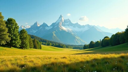 Fototapeta premium Serene Meadow Landscape Featuring Majestic Snow-Capped Mountain Range Under a Clear Sky