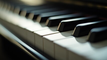 Close-up of piano keys, poised and elegant, inviting the creation of timeless melodies within a serene atmosphere.