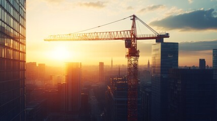 A towering construction crane stands tall against the warm glow of the city’s sunset skyline, embodying growth and aspiration.