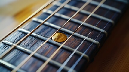 Close-up of guitar strings and fretboard showing rich wood textures and metallic strings, evoking a sense of musical craftsmanship.
