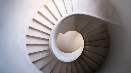 A pristine ivory spiral staircase winds upwards, its sleek curves creating a harmonious blend of simplicity and elegance.