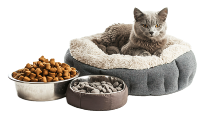 Cozy cat resting in a plush bed with food bowls indoor home environment pet photography comfort zone feline lifestyle