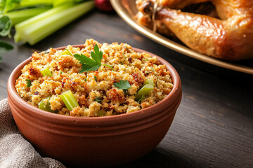 traditional cornbread dressing studded with herbs and celery and turkey platter