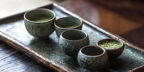 Serene Japanese Matcha Tea Set with Ceramic Cups and Bamboo Tray