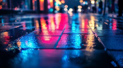 Dazzling neon hues illuminate wet pavement, painting a vivid city night full of mystery and allure.