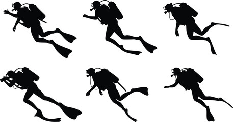 Scuba diving silhouette illustrations in vector design, ideal for water sports, ocean exploration, and adventure themes
