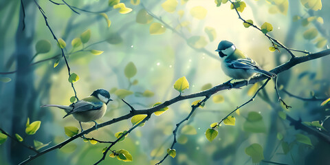 Obraz premium Two small birds sitting on tree branches surrounded by lush green leaves and soft sunlight, peaceful nature scene, spring season, wildlife