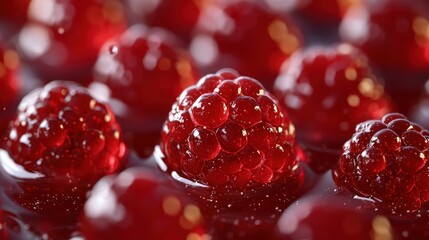 Close-up glossy raspberries in red syrup, dessert background