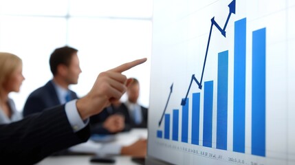 A hand is pointing at the blue upward - trending graphs on the projection screen, with businesspeople in the background, great for visualizing business growth, data interpretation,