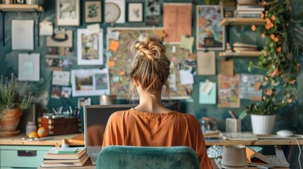 Creative workspace with woman in orange shirt, cozy atmosphere, desk with plants, inspirational wall art, and natural light.