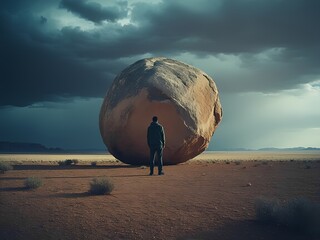 Person standing in the middle of a vast desert under a stormy sky, carrying an oversized boulder on their back, symbolizing the weight of stress.