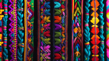 Mexican embroidery in a vertical pattern on a black background