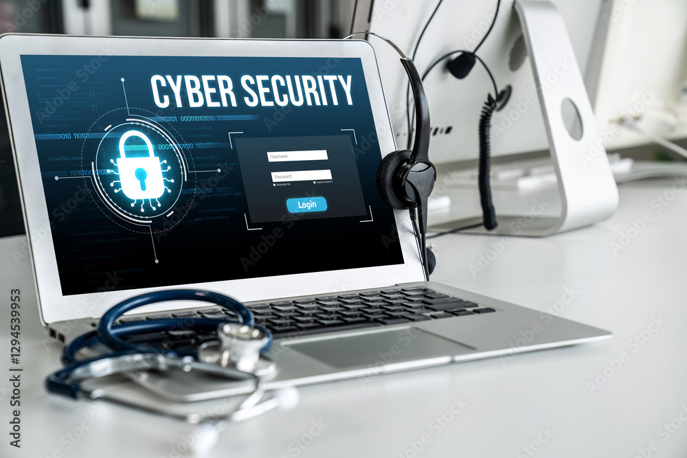 Poster cyber security system on computer screen protect private information snugly from hacker and cyber at