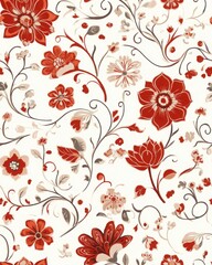 Red And Beige Floral Pattern On White Background Intricate Design