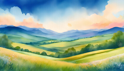 Obraz premium nature landscape scenery panorama watercolor banner valley hills meadow cloudscape summer watercolor art pastel delicate light painting illustration aesthetic background wallpaper