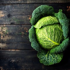 Fresh Green Savoy Cabbage on Rustic Wooden Background