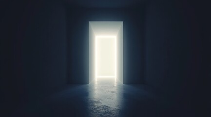 Glowing doorway in dark room.