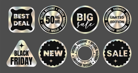 Set of foil silver sticker template, label, mockup with foil metallic holographic effect. Shiny rainbow emblem Limited Edition, New, 50% off, Best deal, seller, discount, big sale. Vector EPS10