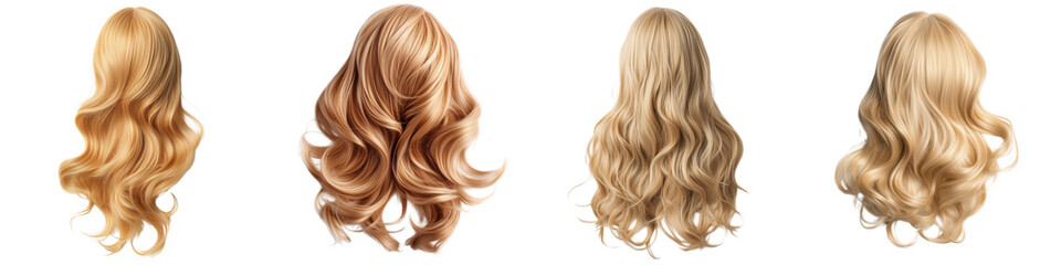 Fototapeta premium Set of a blond wig with wavy hair, isolated on a transparent background.
