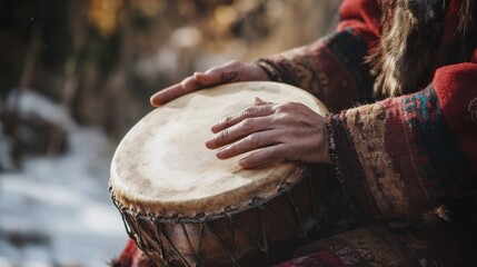 Textured hands skillfully drum on a traditional instrument, surrounded by rich, patterned garments, creating an atmosphere of cultural expression.