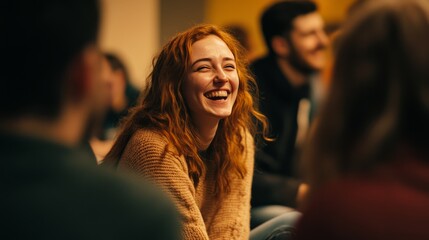 A woman beams with laughter among friends in a lively group setting, symbolizing happiness, camaraderie, and infectious joy.