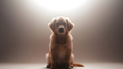Golden retriever puppy sitting in soft light on neutral background