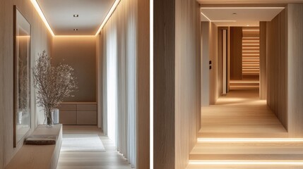 Fototapeta premium A hallway features light wood finishes complemented by soft lighting. The design evokes tranquility and modern aesthetics, perfect for enhancing any space