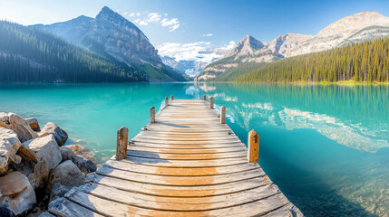 Obraz premium weathered wooden dock extending into crystal-clear turquoise lake
